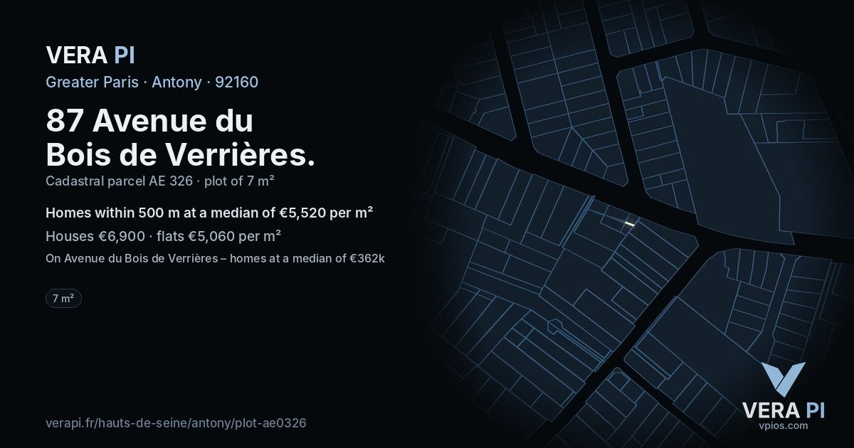 87 Avenue du Bois de Verrières, Antony at night – the plot lit, the parcels around coloured by the prices near them