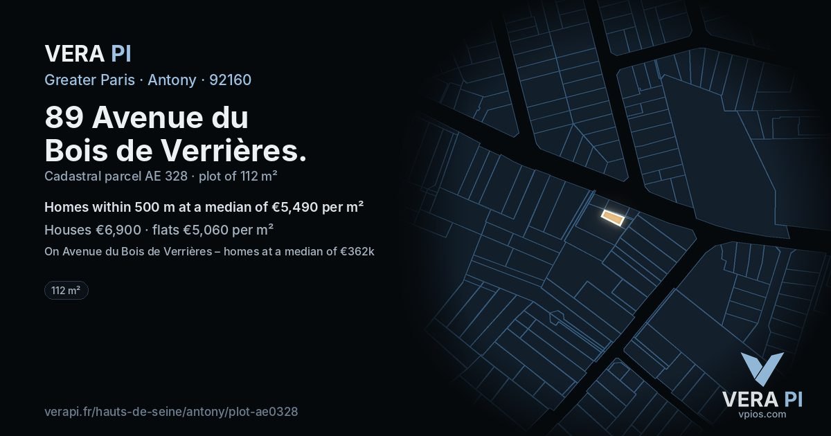 89 Avenue du Bois de Verrières, Antony at night – the plot lit, the parcels around coloured by the prices near them