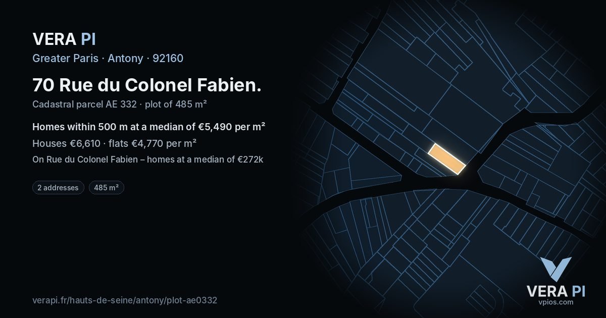 70 Rue du Colonel Fabien, Antony at night – the plot lit, the parcels around coloured by the prices near them