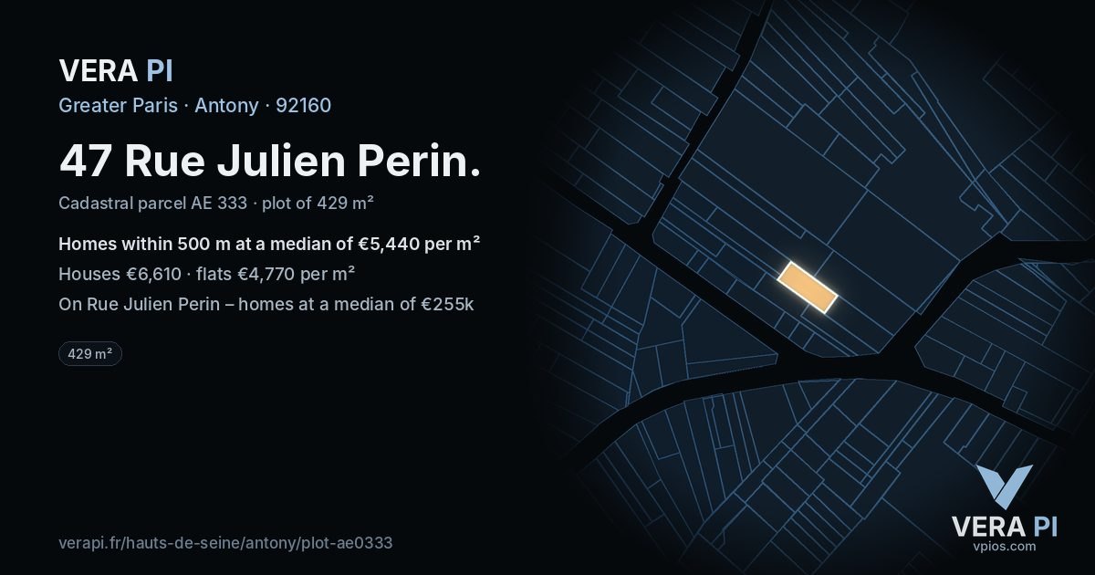 47 Rue Julien Perin, Antony at night – the plot lit, the parcels around coloured by the prices near them