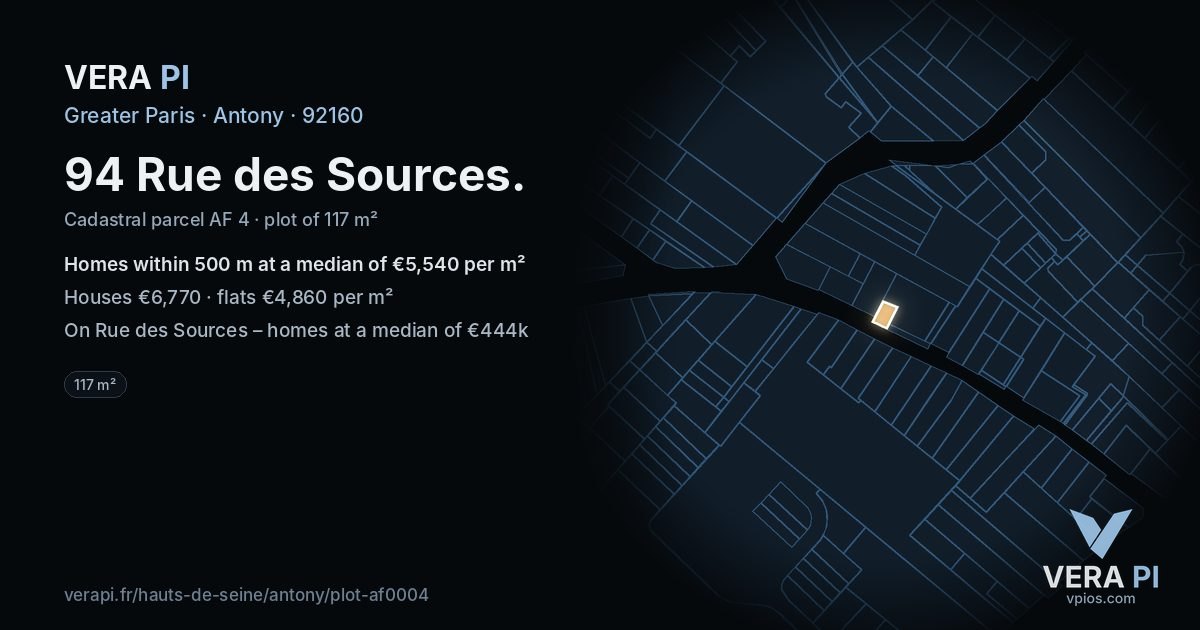 94 Rue des Sources, Antony at night – the plot lit, the parcels around coloured by the prices near them