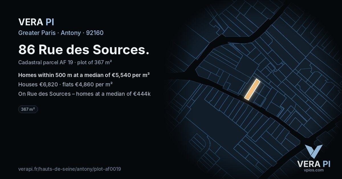 86 Rue des Sources, Antony at night – the plot lit, the parcels around coloured by the prices near them