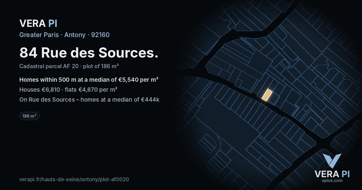 84 Rue des Sources, Antony at night – the plot lit, the parcels around coloured by the prices near them