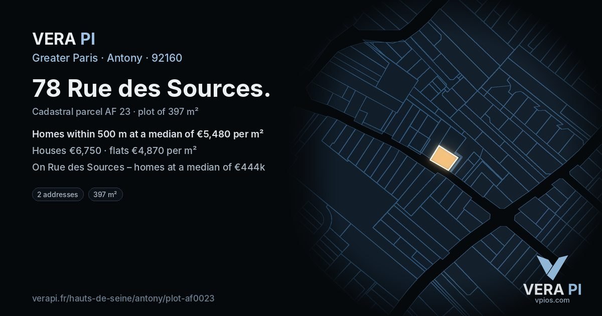 78 Rue des Sources, Antony at night – the plot lit, the parcels around coloured by the prices near them
