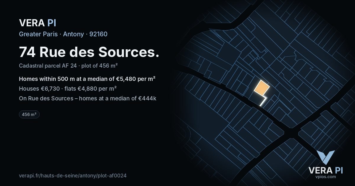 74 Rue des Sources, Antony at night – the plot lit, the parcels around coloured by the prices near them
