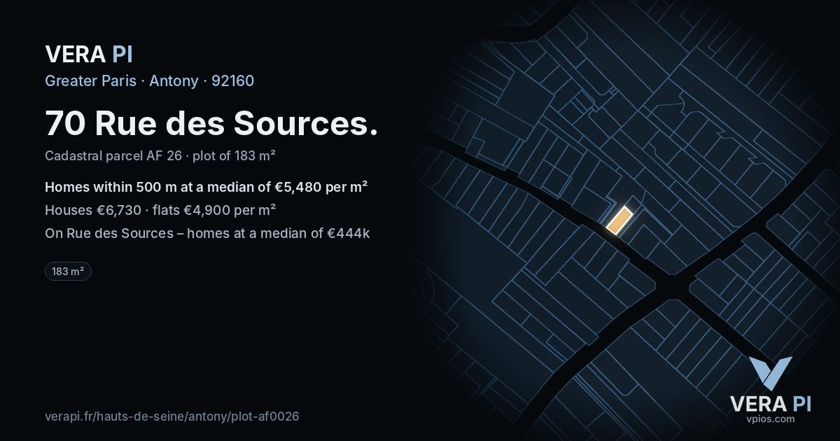70 Rue des Sources, Antony at night – the plot lit, the parcels around coloured by the prices near them