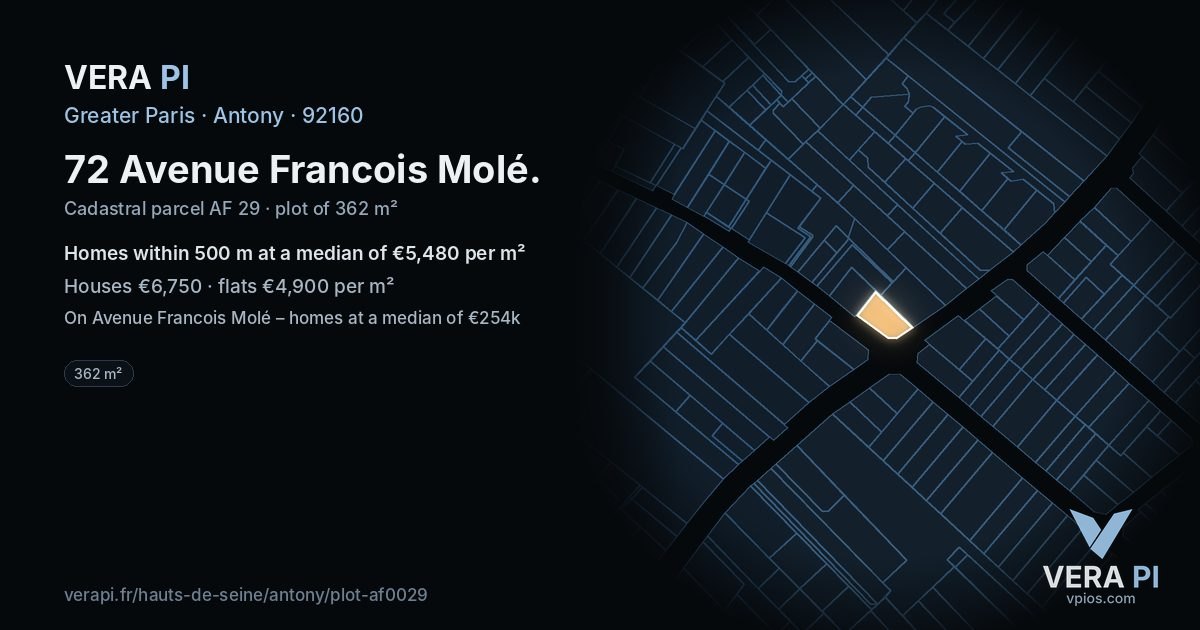 72 Avenue Francois Molé, Antony at night – the plot lit, the parcels around coloured by the prices near them