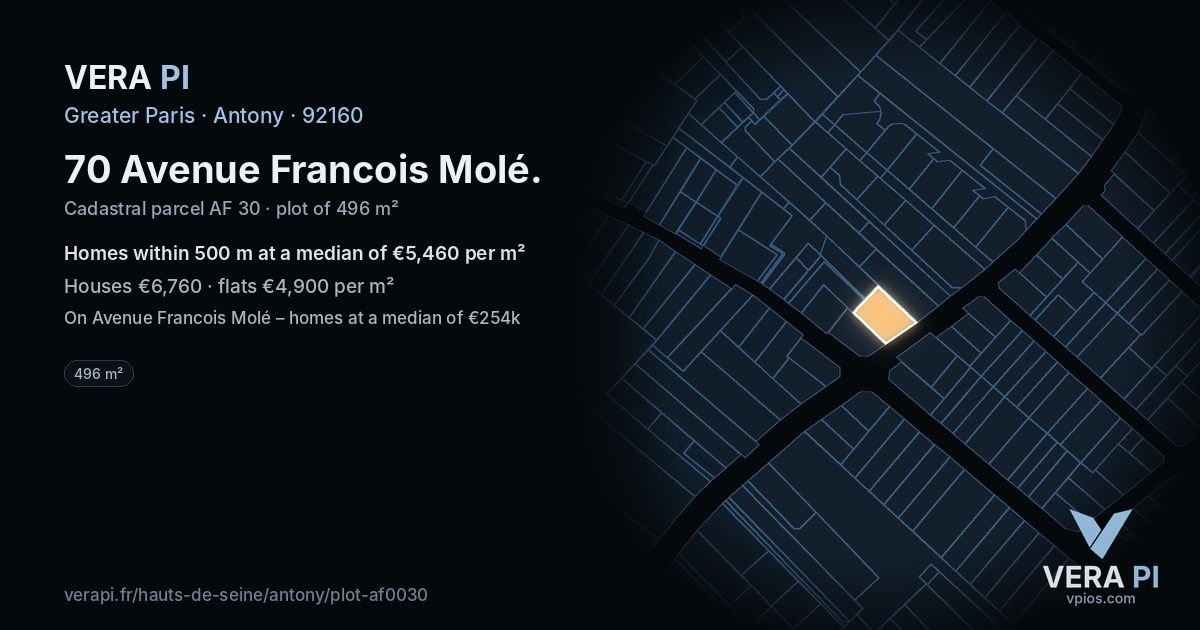 70 Avenue Francois Molé, Antony at night – the plot lit, the parcels around coloured by the prices near them