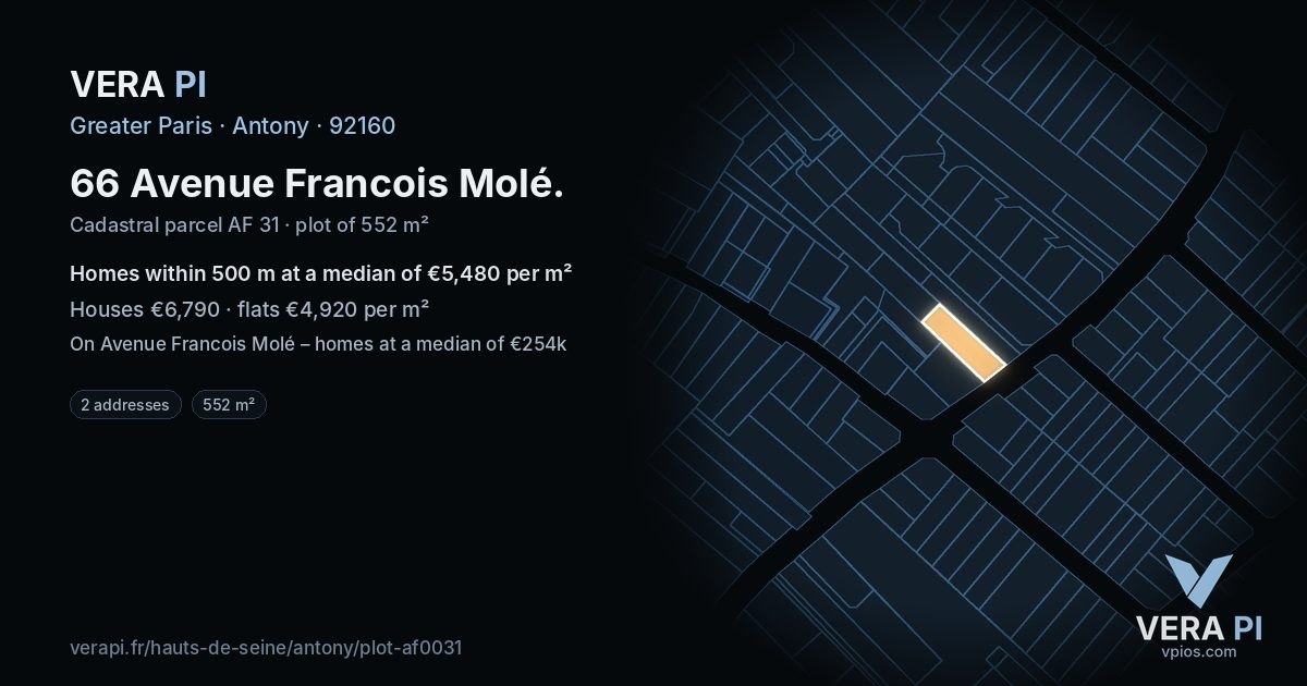 66 Avenue Francois Molé, Antony at night – the plot lit, the parcels around coloured by the prices near them
