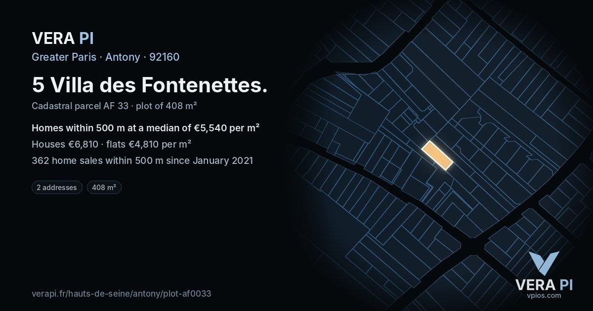 5 Villa des Fontenettes, Antony at night – the plot lit, the parcels around coloured by the prices near them