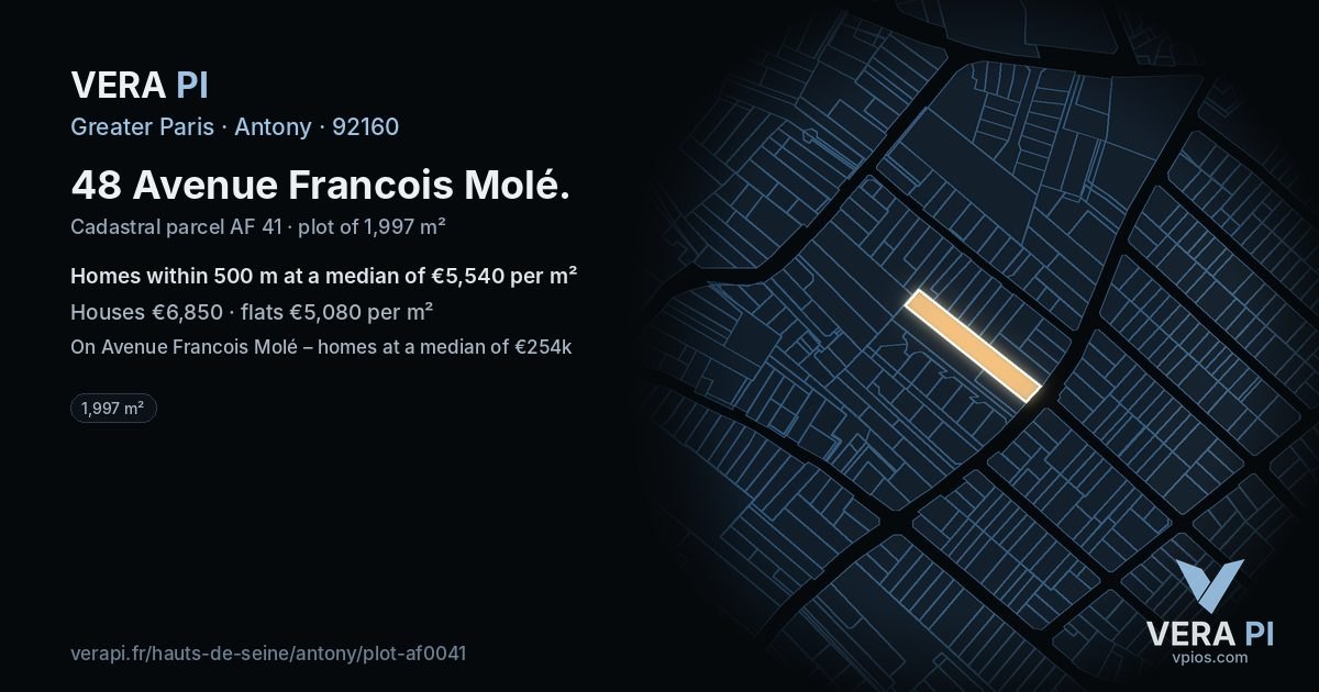 48 Avenue Francois Molé, Antony at night – the plot lit, the parcels around coloured by the prices near them