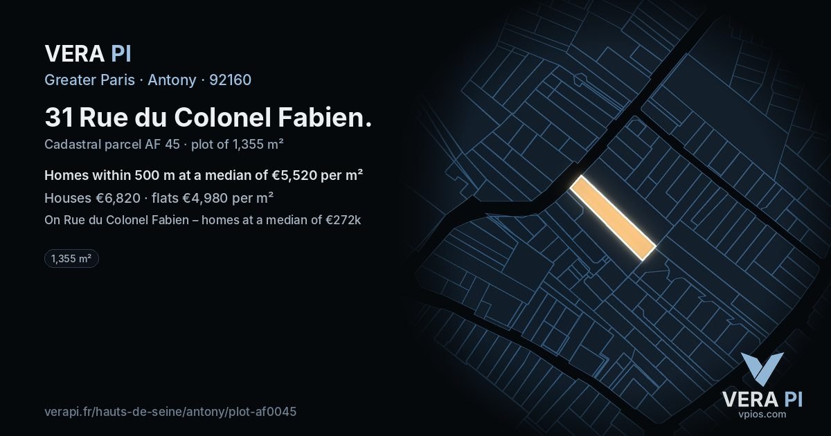 31 Rue du Colonel Fabien, Antony at night – the plot lit, the parcels around coloured by the prices near them