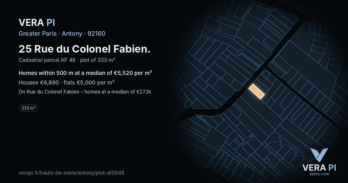 25 Rue du Colonel Fabien, Antony at night – the plot lit, the parcels around coloured by the prices near them