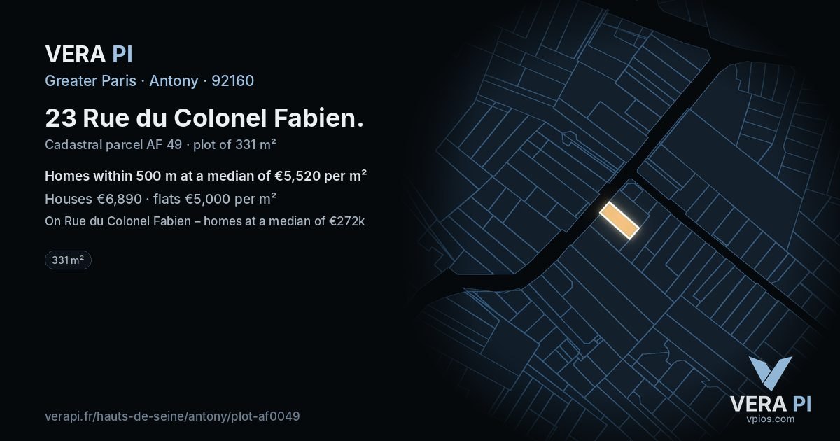 23 Rue du Colonel Fabien, Antony at night – the plot lit, the parcels around coloured by the prices near them