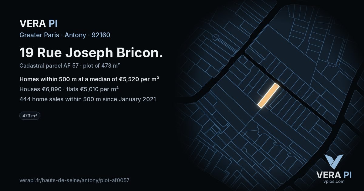 19 Rue Joseph Bricon, Antony at night – the plot lit, the parcels around coloured by the prices near them