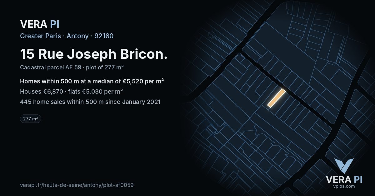15 Rue Joseph Bricon, Antony at night – the plot lit, the parcels around coloured by the prices near them