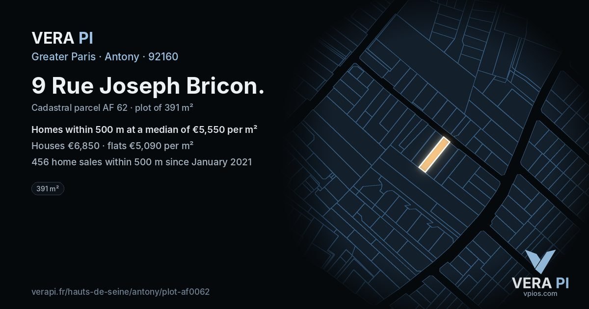 9 Rue Joseph Bricon, Antony at night – the plot lit, the parcels around coloured by the prices near them