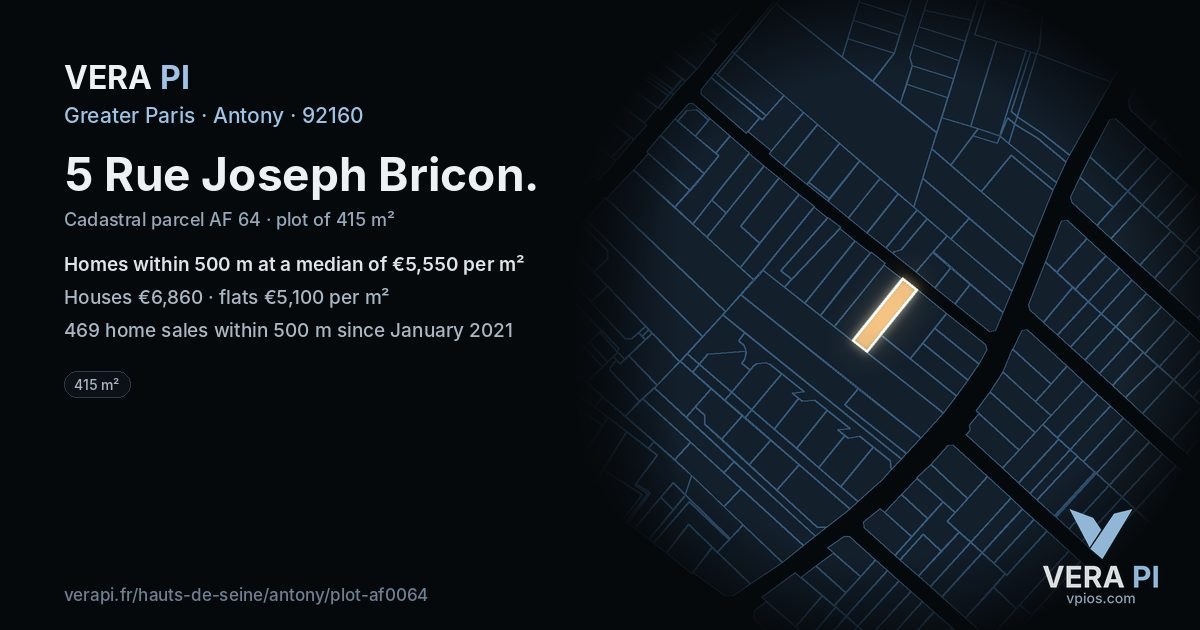 5 Rue Joseph Bricon, Antony at night – the plot lit, the parcels around coloured by the prices near them