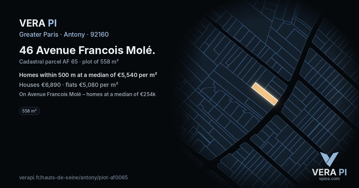 46 Avenue Francois Molé, Antony at night – the plot lit, the parcels around coloured by the prices near them