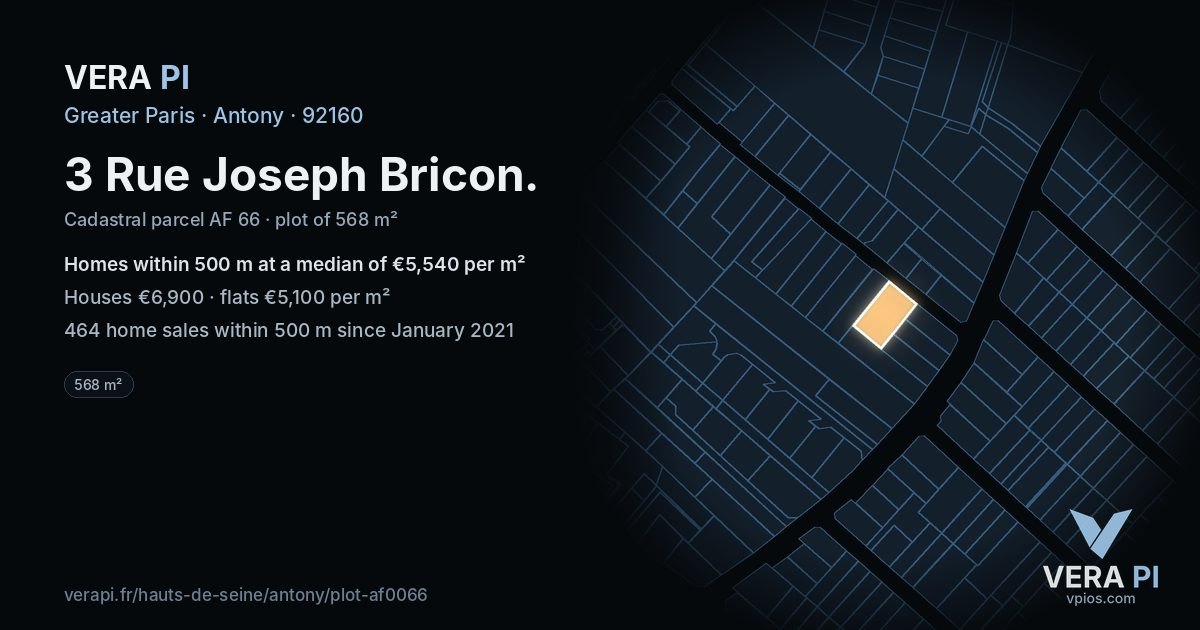 3 Rue Joseph Bricon, Antony at night – the plot lit, the parcels around coloured by the prices near them