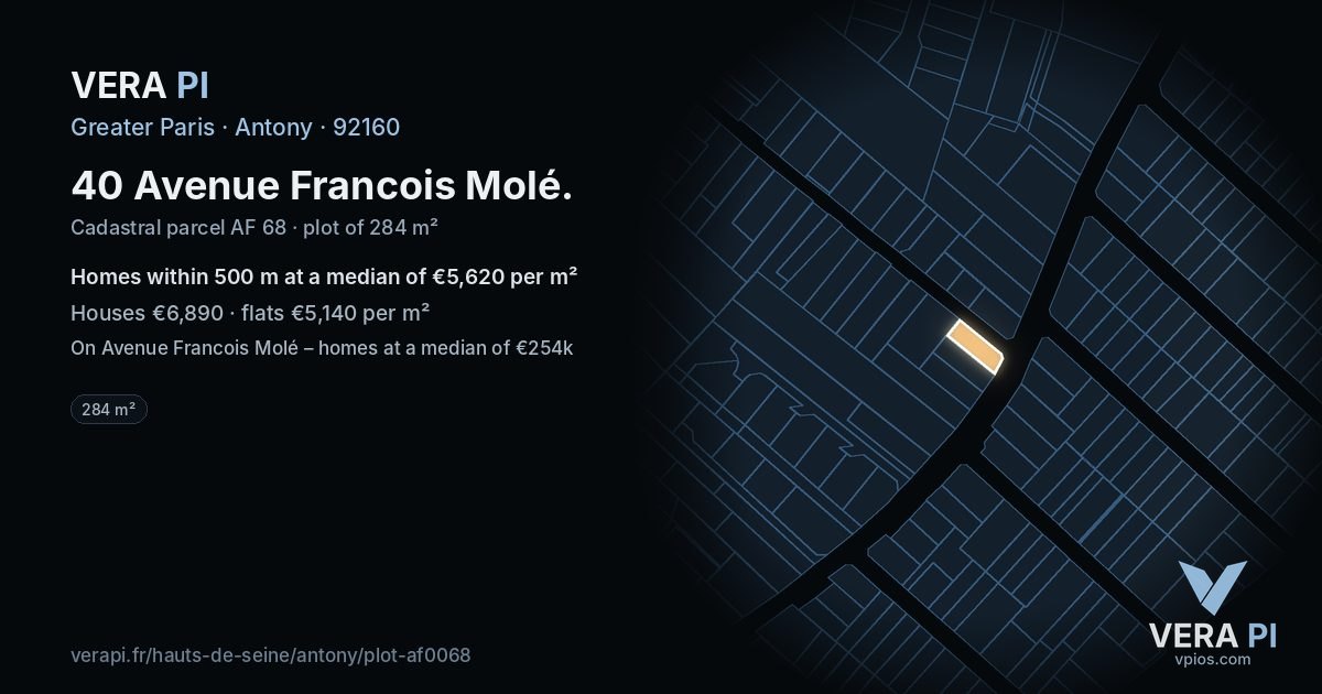 40 Avenue Francois Molé, Antony at night – the plot lit, the parcels around coloured by the prices near them