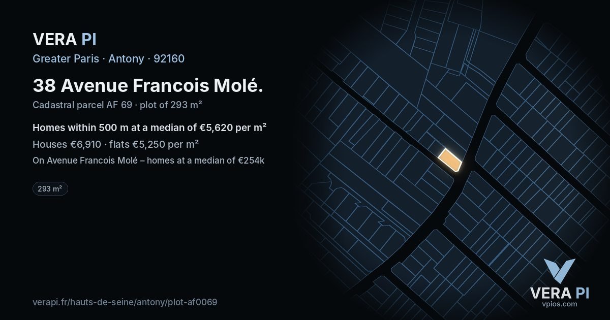 38 Avenue Francois Molé, Antony at night – the plot lit, the parcels around coloured by the prices near them