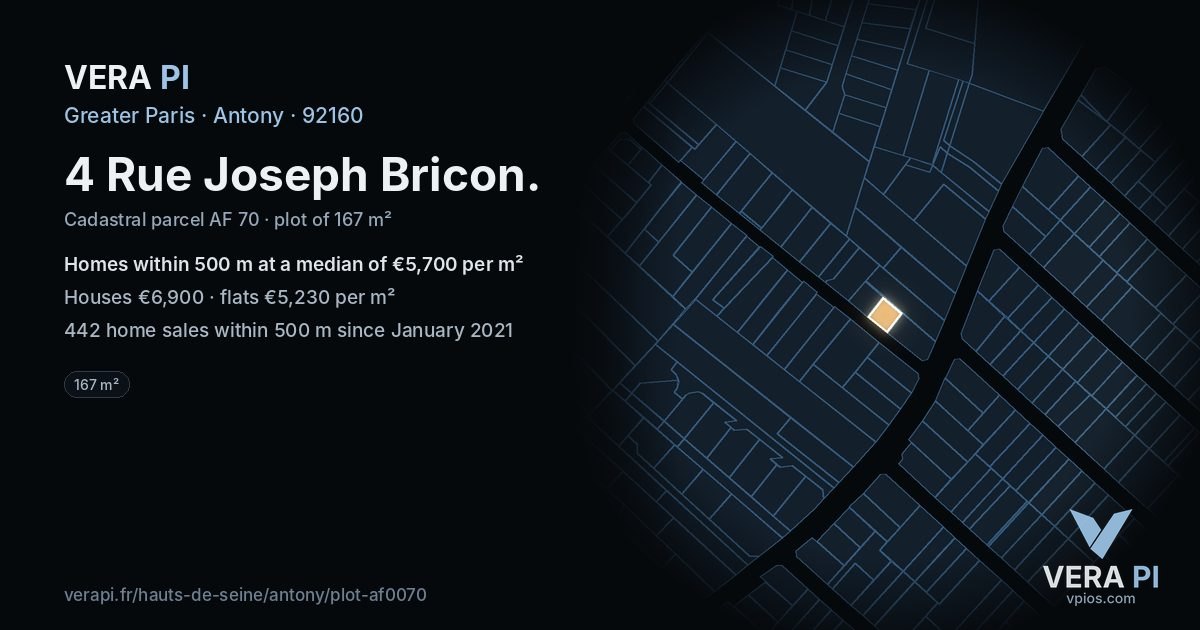 4 Rue Joseph Bricon, Antony at night – the plot lit, the parcels around coloured by the prices near them