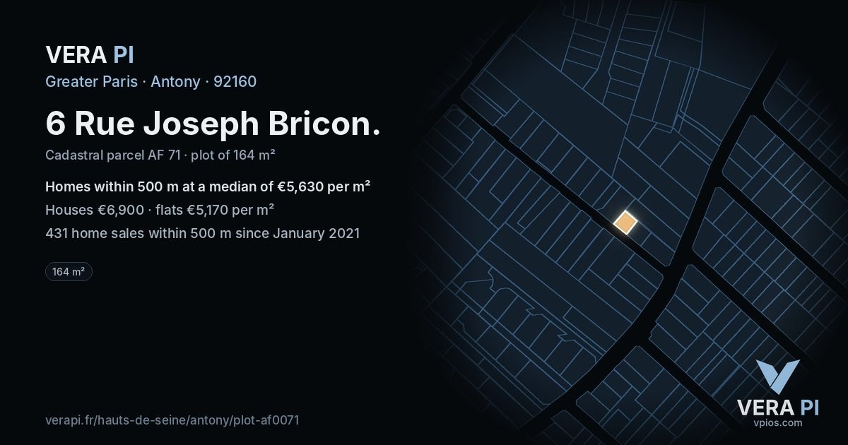 6 Rue Joseph Bricon, Antony at night – the plot lit, the parcels around coloured by the prices near them