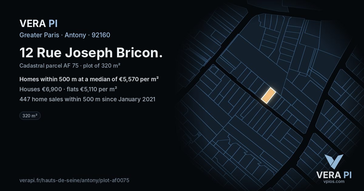 12 Rue Joseph Bricon, Antony at night – the plot lit, the parcels around coloured by the prices near them