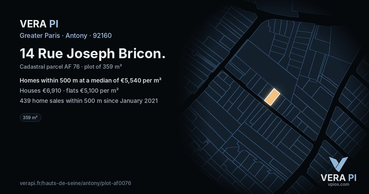14 Rue Joseph Bricon, Antony at night – the plot lit, the parcels around coloured by the prices near them