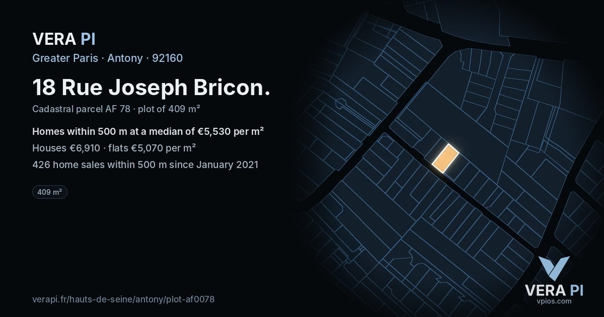 18 Rue Joseph Bricon, Antony at night – the plot lit, the parcels around coloured by the prices near them