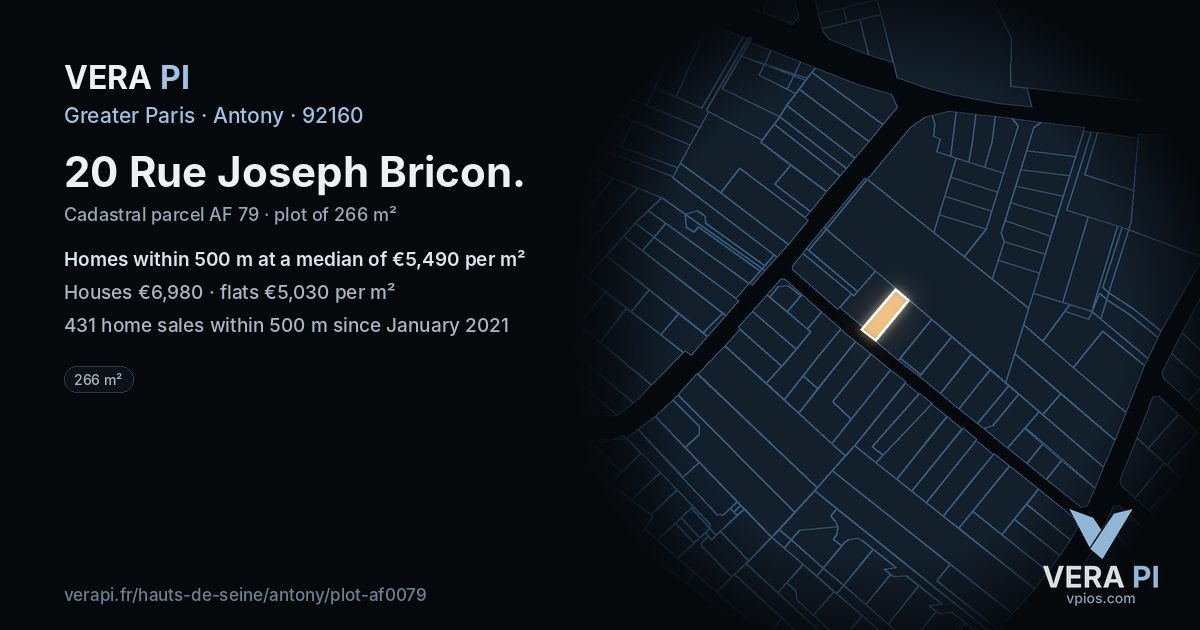 20 Rue Joseph Bricon, Antony at night – the plot lit, the parcels around coloured by the prices near them