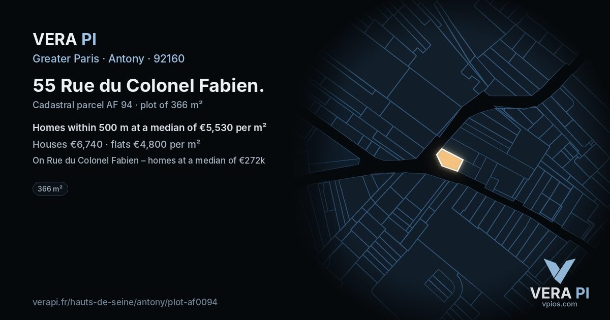 55 Rue du Colonel Fabien, Antony at night – the plot lit, the parcels around coloured by the prices near them