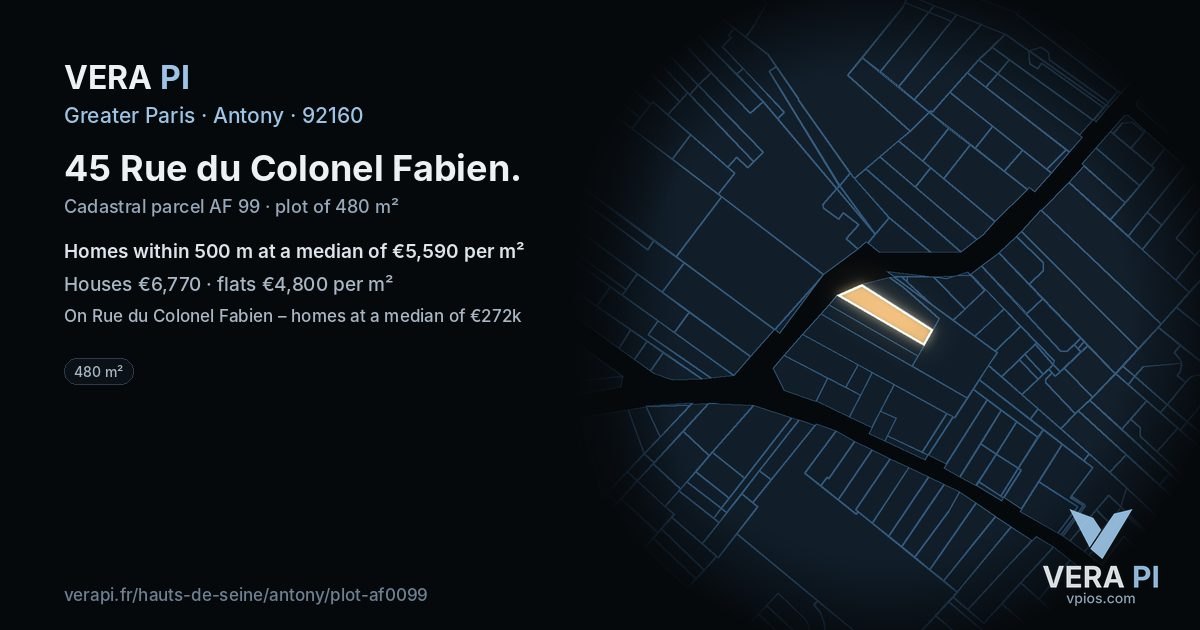 45 Rue du Colonel Fabien, Antony at night – the plot lit, the parcels around coloured by the prices near them