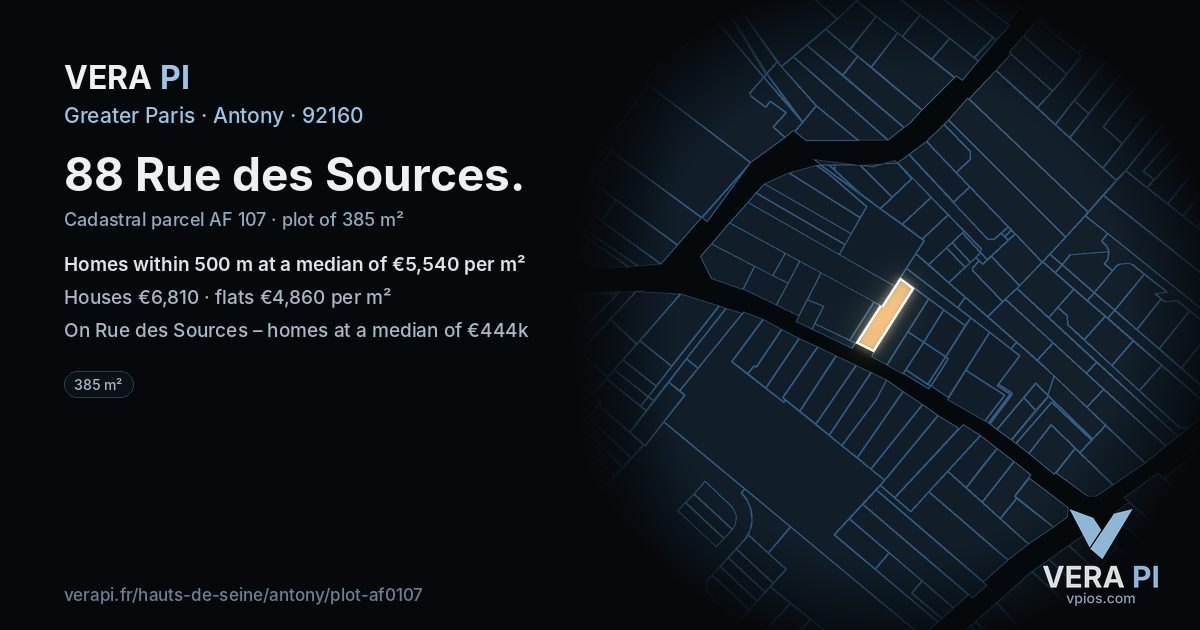 88 Rue des Sources, Antony at night – the plot lit, the parcels around coloured by the prices near them