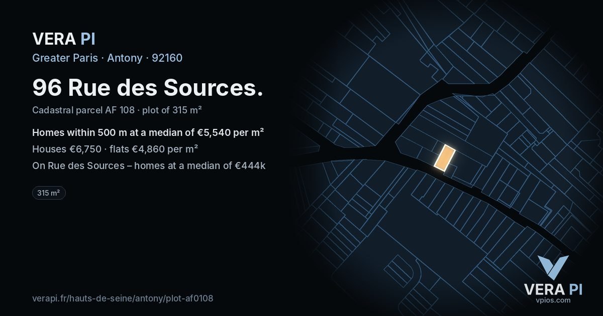 96 Rue des Sources, Antony at night – the plot lit, the parcels around coloured by the prices near them