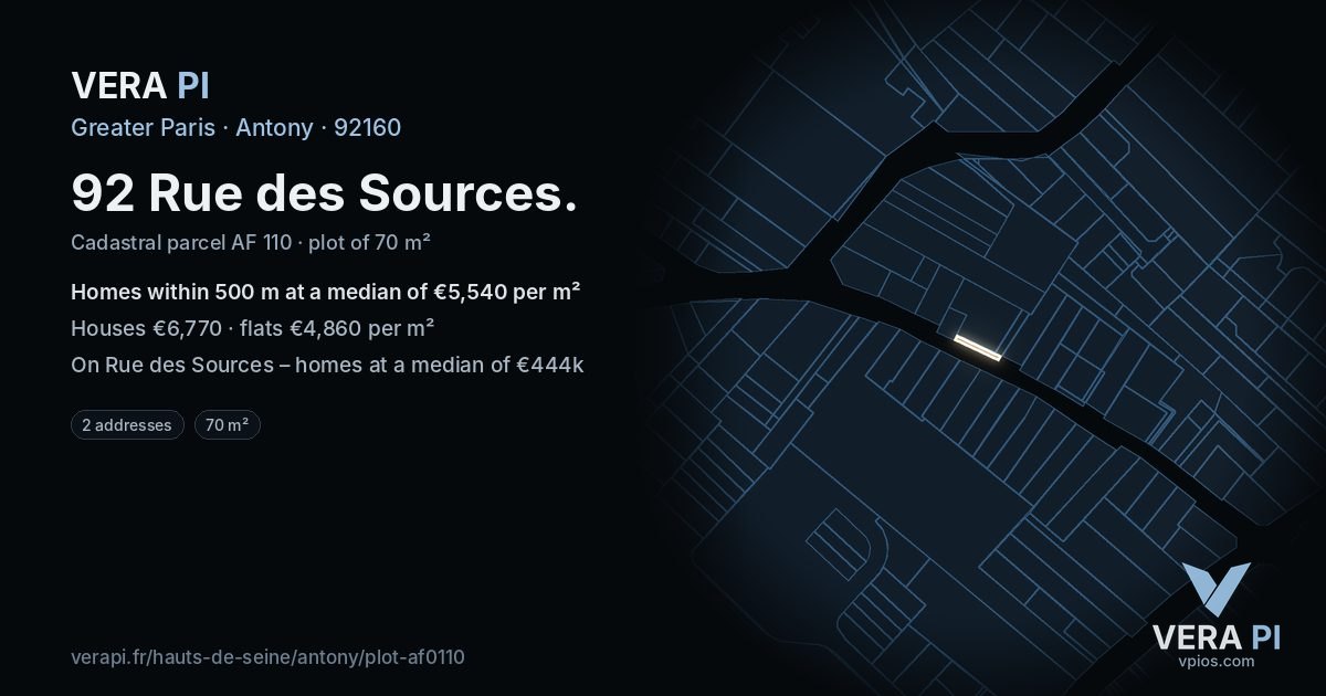 92 Rue des Sources, Antony at night – the plot lit, the parcels around coloured by the prices near them