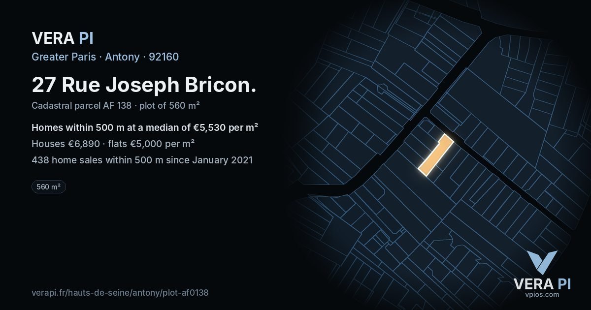 27 Rue Joseph Bricon, Antony at night – the plot lit, the parcels around coloured by the prices near them