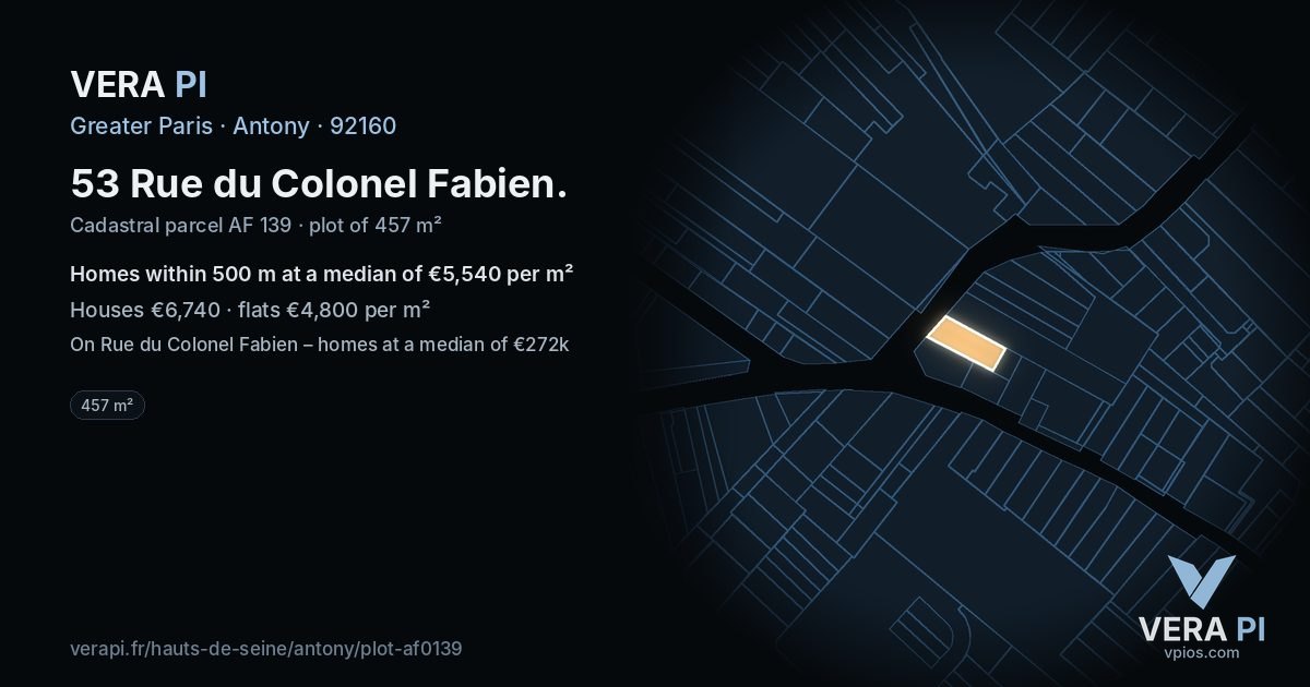 53 Rue du Colonel Fabien, Antony at night – the plot lit, the parcels around coloured by the prices near them