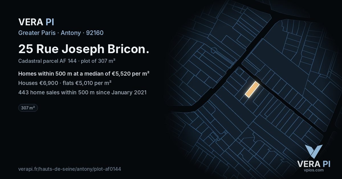 25 Rue Joseph Bricon, Antony at night – the plot lit, the parcels around coloured by the prices near them