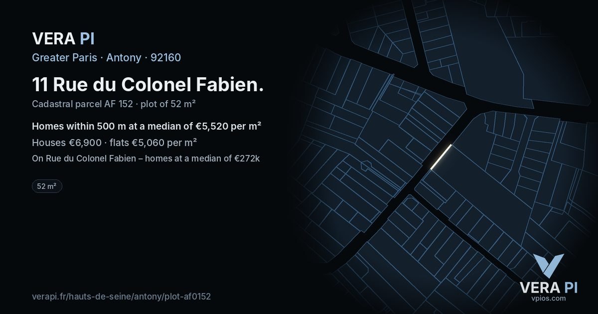 11 Rue du Colonel Fabien, Antony at night – the plot lit, the parcels around coloured by the prices near them