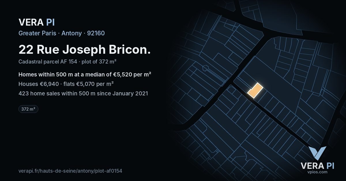 22 Rue Joseph Bricon, Antony at night – the plot lit, the parcels around coloured by the prices near them