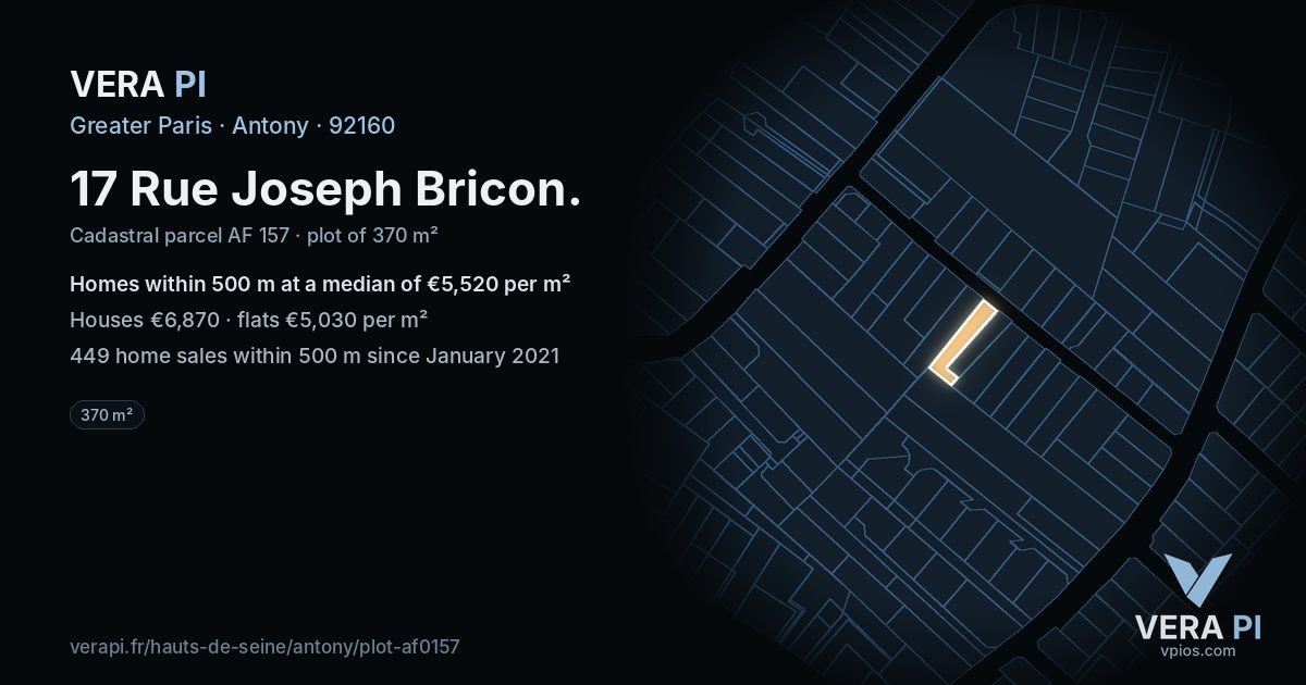 17 Rue Joseph Bricon, Antony at night – the plot lit, the parcels around coloured by the prices near them