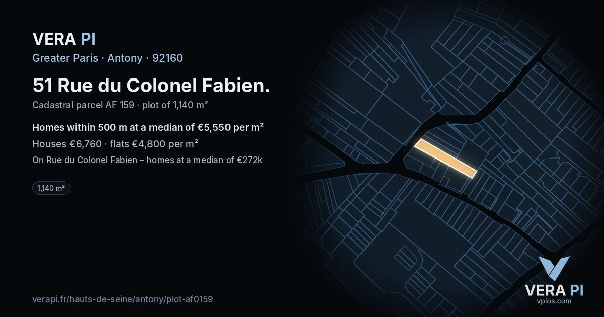 51 Rue du Colonel Fabien, Antony at night – the plot lit, the parcels around coloured by the prices near them
