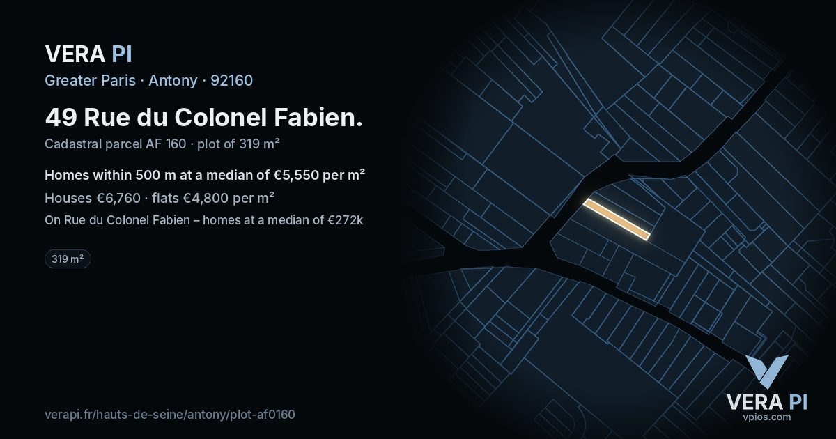 49 Rue du Colonel Fabien, Antony at night – the plot lit, the parcels around coloured by the prices near them