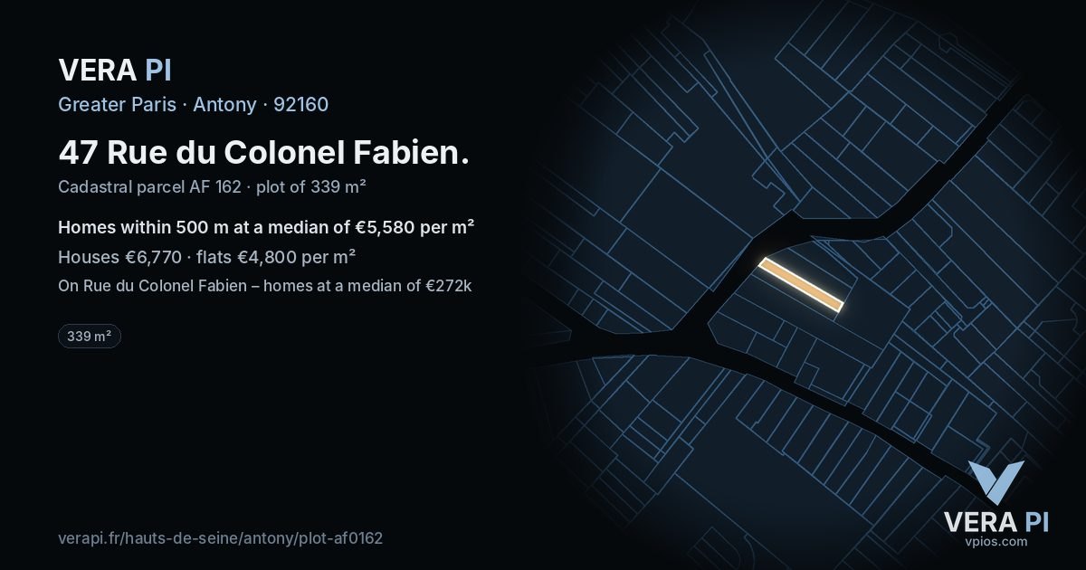 47 Rue du Colonel Fabien, Antony at night – the plot lit, the parcels around coloured by the prices near them
