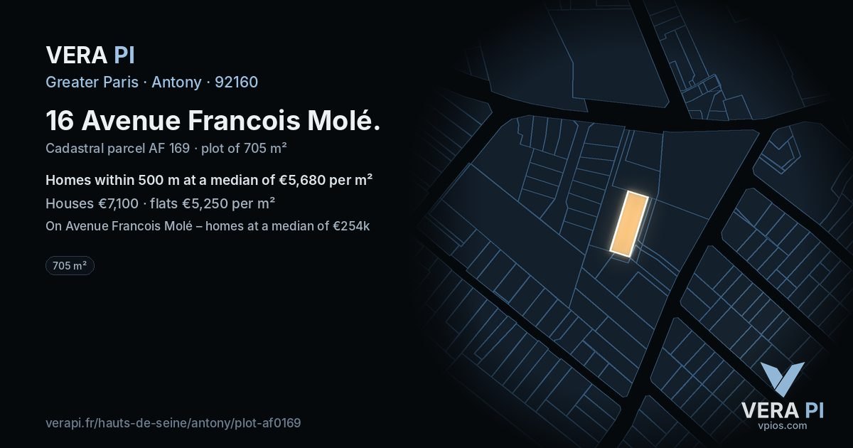 16 Avenue Francois Molé, Antony at night – the plot lit, the parcels around coloured by the prices near them