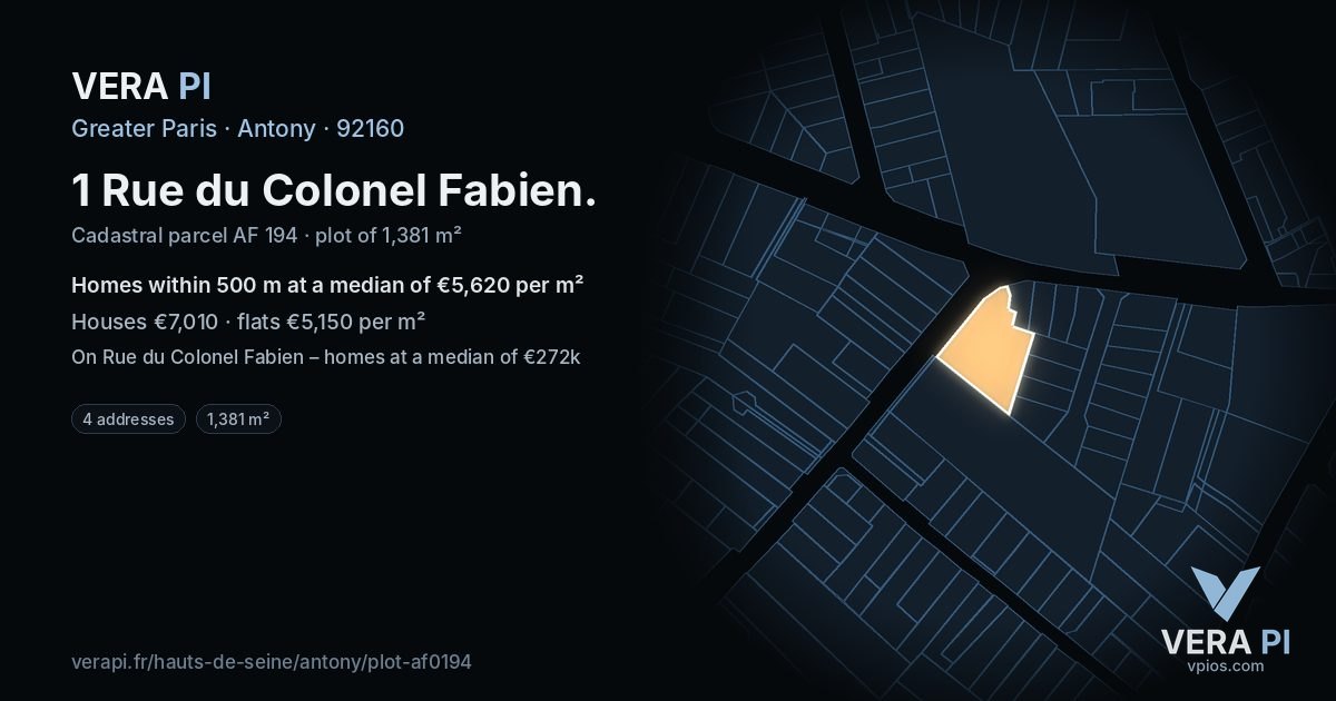 1 Rue du Colonel Fabien, Antony at night – the plot lit, the parcels around coloured by the prices near them