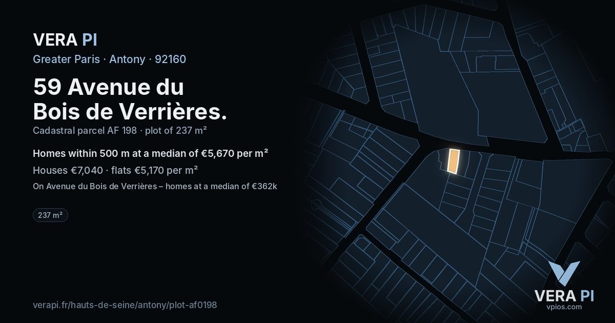 59 Avenue du Bois de Verrières, Antony at night – the plot lit, the parcels around coloured by the prices near them