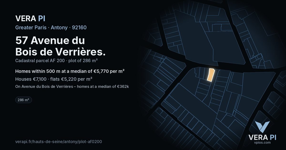 57 Avenue du Bois de Verrières, Antony at night – the plot lit, the parcels around coloured by the prices near them